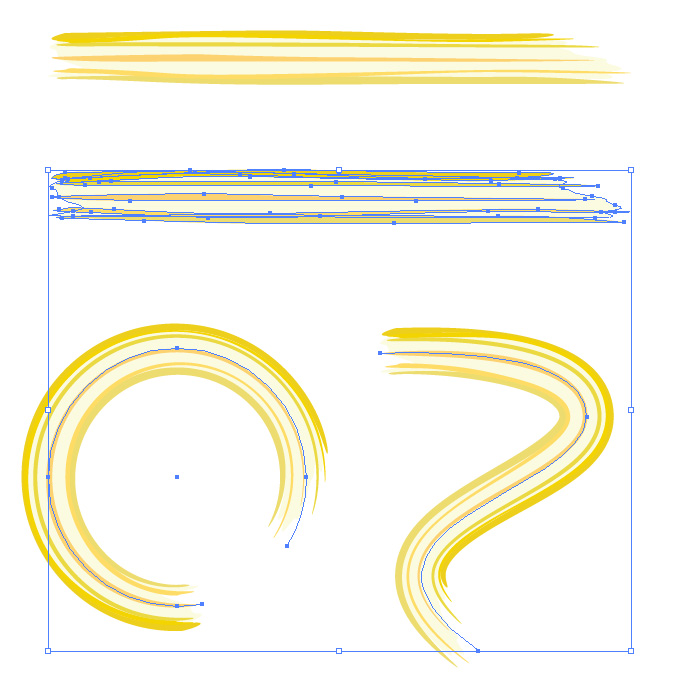 濃淡のある黄色のラフなラインのイラレ・アートブラシ