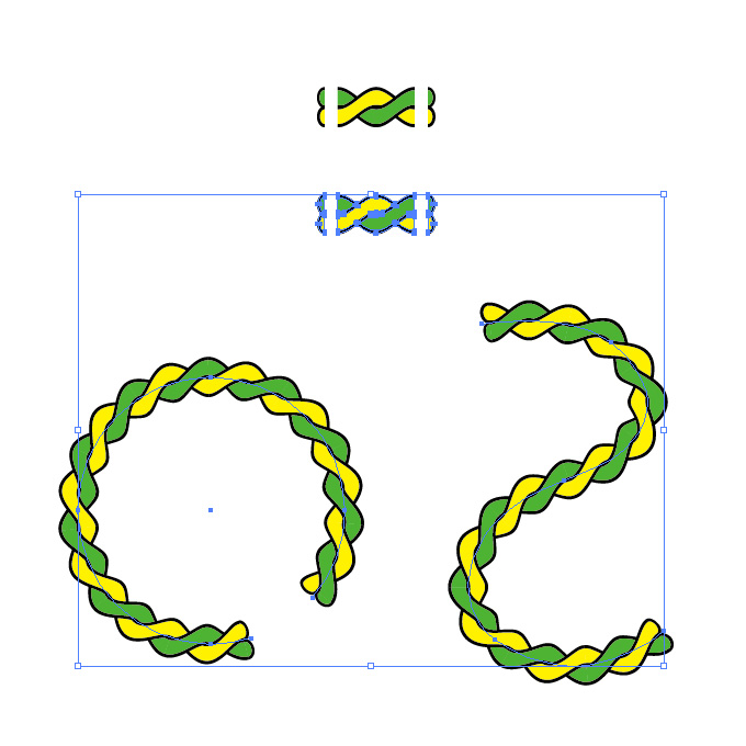 イエローとグリーンの2本のロープが絡むイラスト イラレ・パターンブラシ
